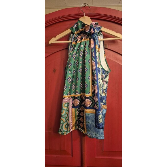 Rachel Zoe Small Multicolored Dressy Sleeveless Ties In Back Green Pink Blue EUC - Picture 1 of 6